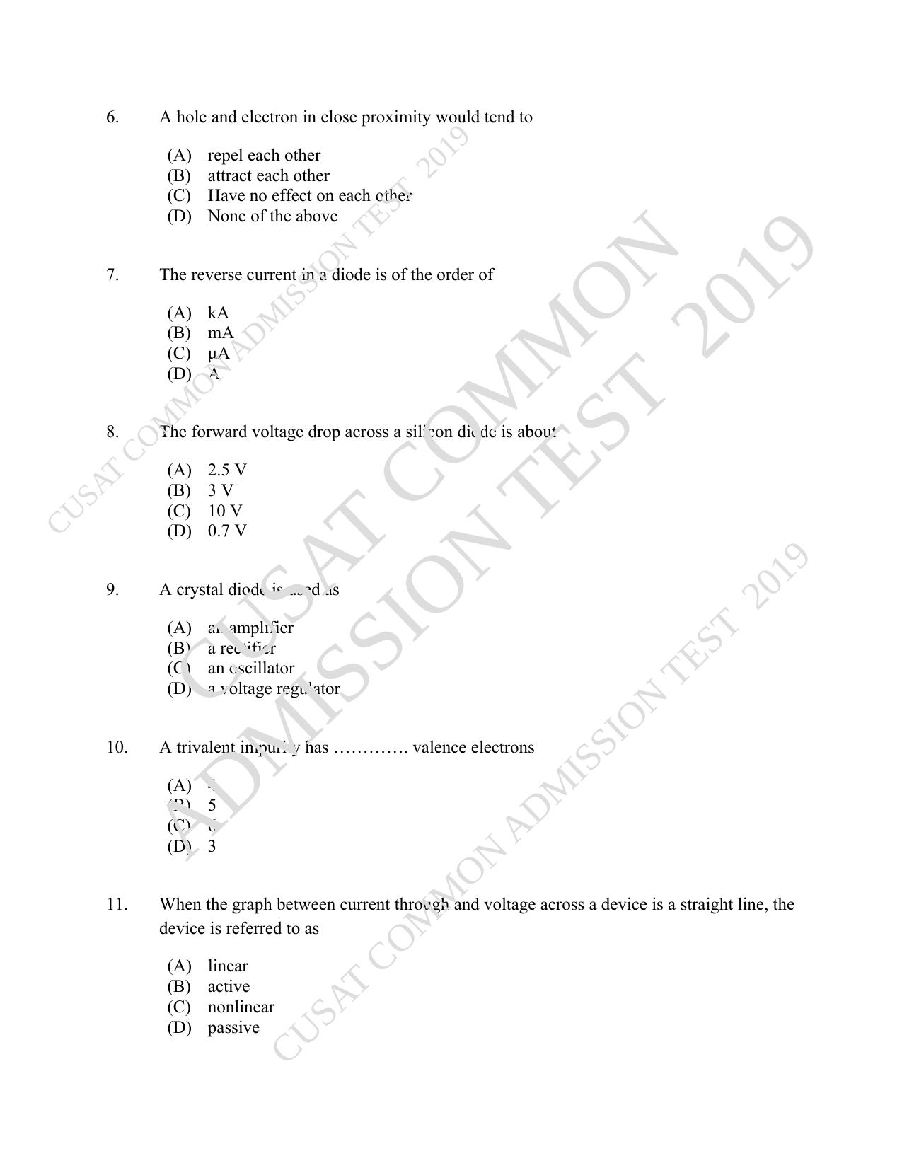 CUSAT CAT 2019 MSc Electronics Question Paper With Answer Key - Page 2