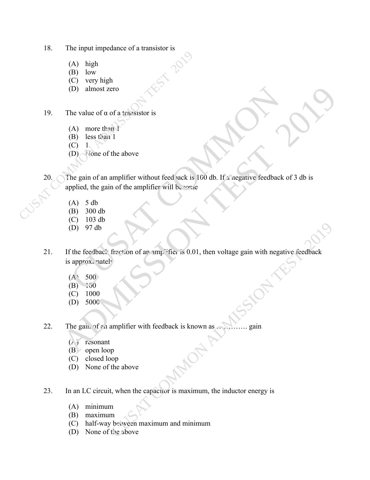 CUSAT CAT 2019 MSc Electronics Question Paper With Answer Key - Page 4
