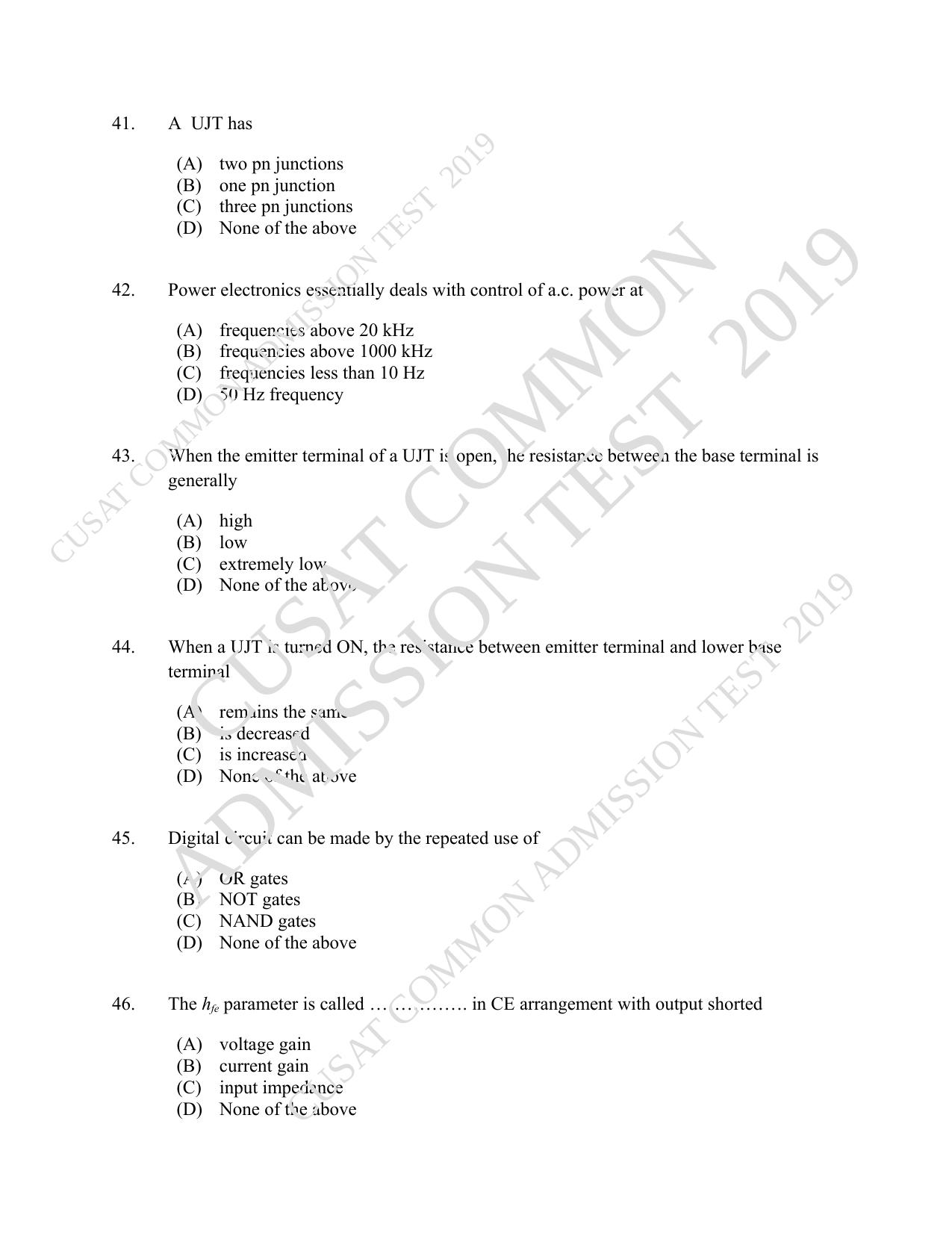 CUSAT CAT 2019 MSc Electronics Question Paper With Answer Key - Page 8