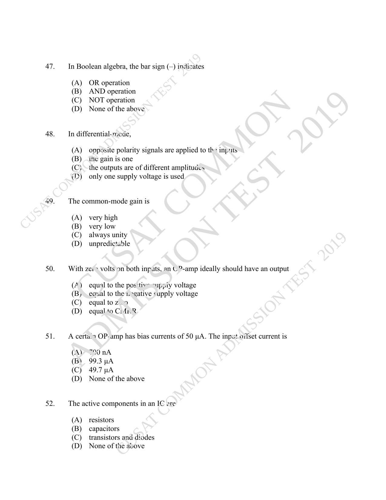 CUSAT CAT 2019 MSc Electronics Question Paper With Answer Key - Page 9