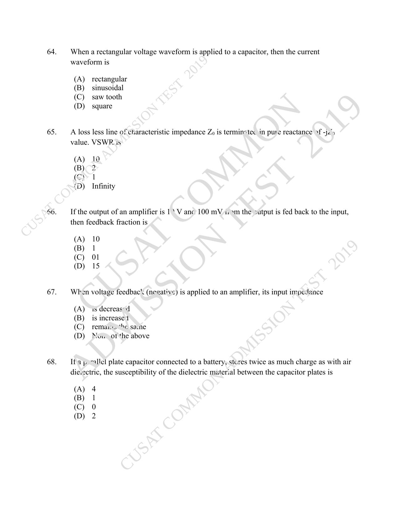 CUSAT CAT 2019 MSc Electronics Question Paper With Answer Key - Page 12