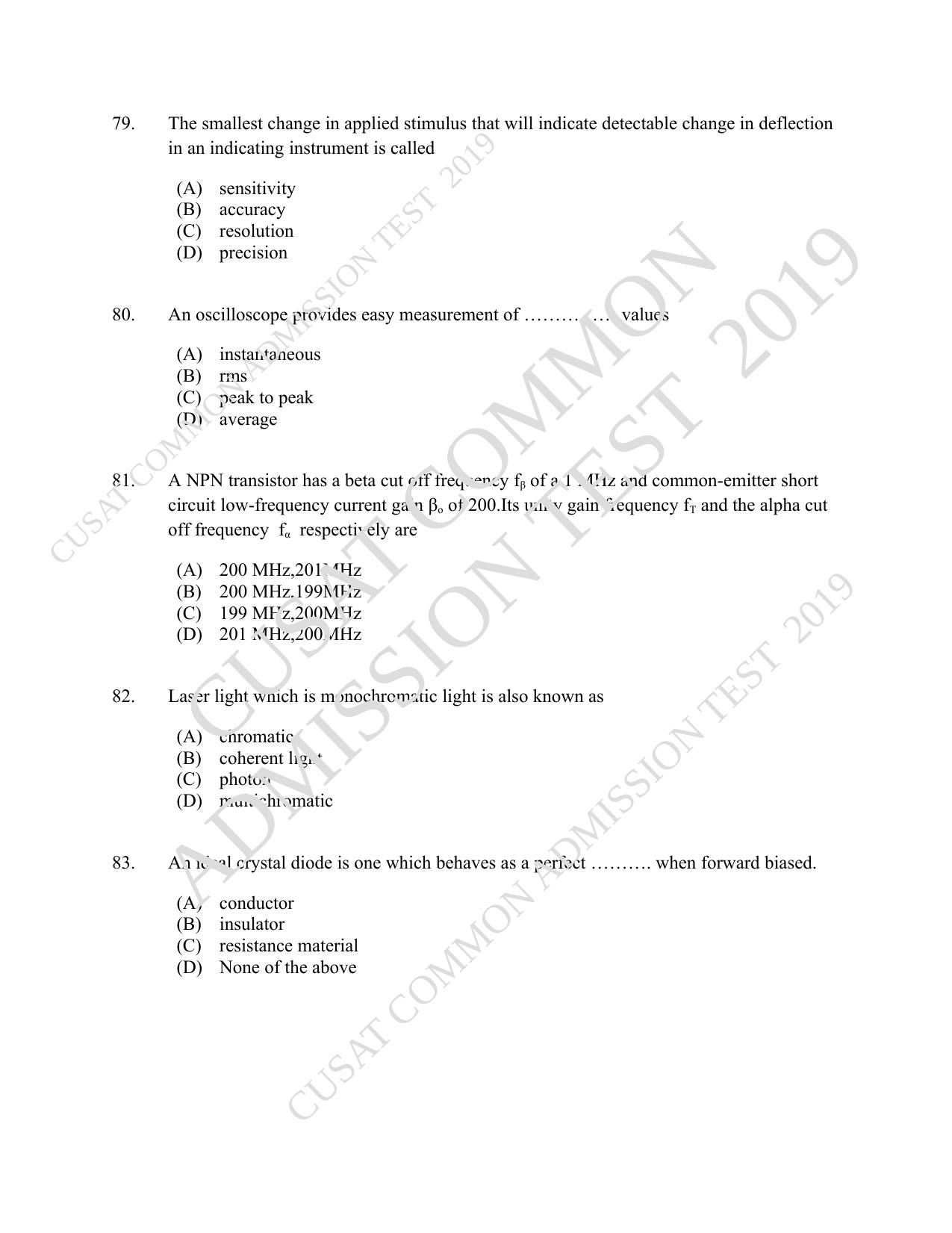 CUSAT CAT 2019 MSc Electronics Question Paper With Answer Key - Page 15