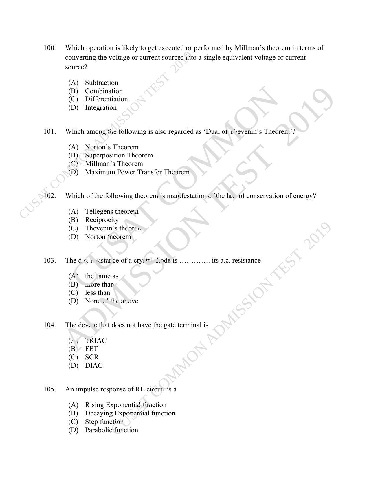 CUSAT CAT 2019 MSc Electronics Question Paper With Answer Key - Page 19