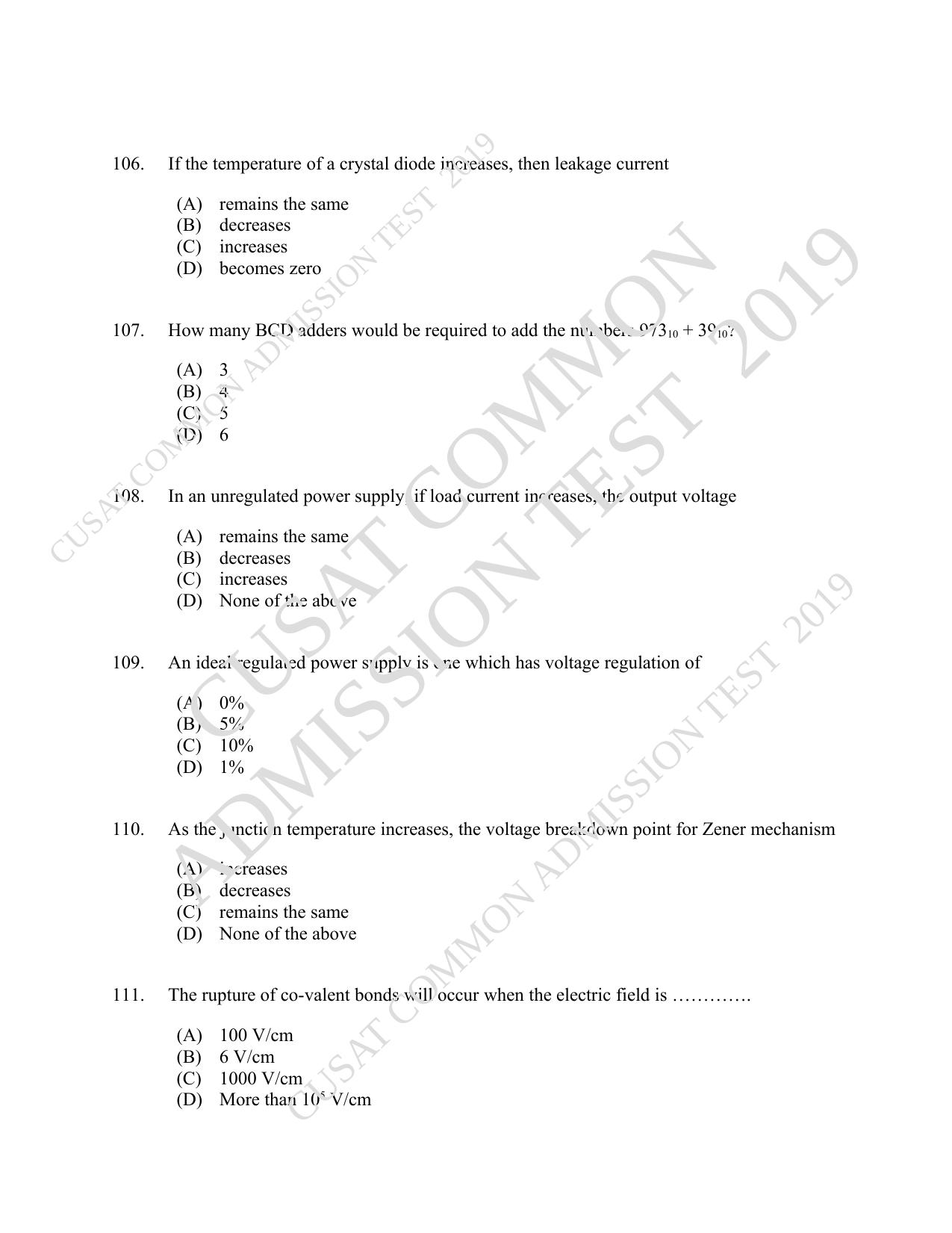 CUSAT CAT 2019 MSc Electronics Question Paper With Answer Key - Page 20