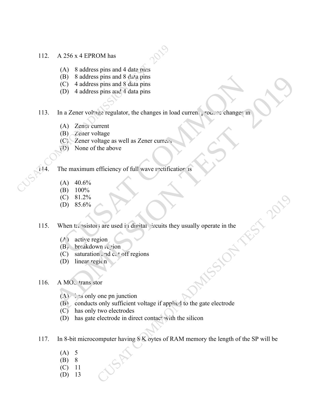 CUSAT CAT 2019 MSc Electronics Question Paper With Answer Key - Page 21