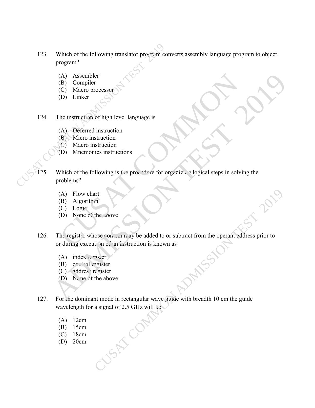 CUSAT CAT 2019 MSc Electronics Question Paper With Answer Key - Page 23