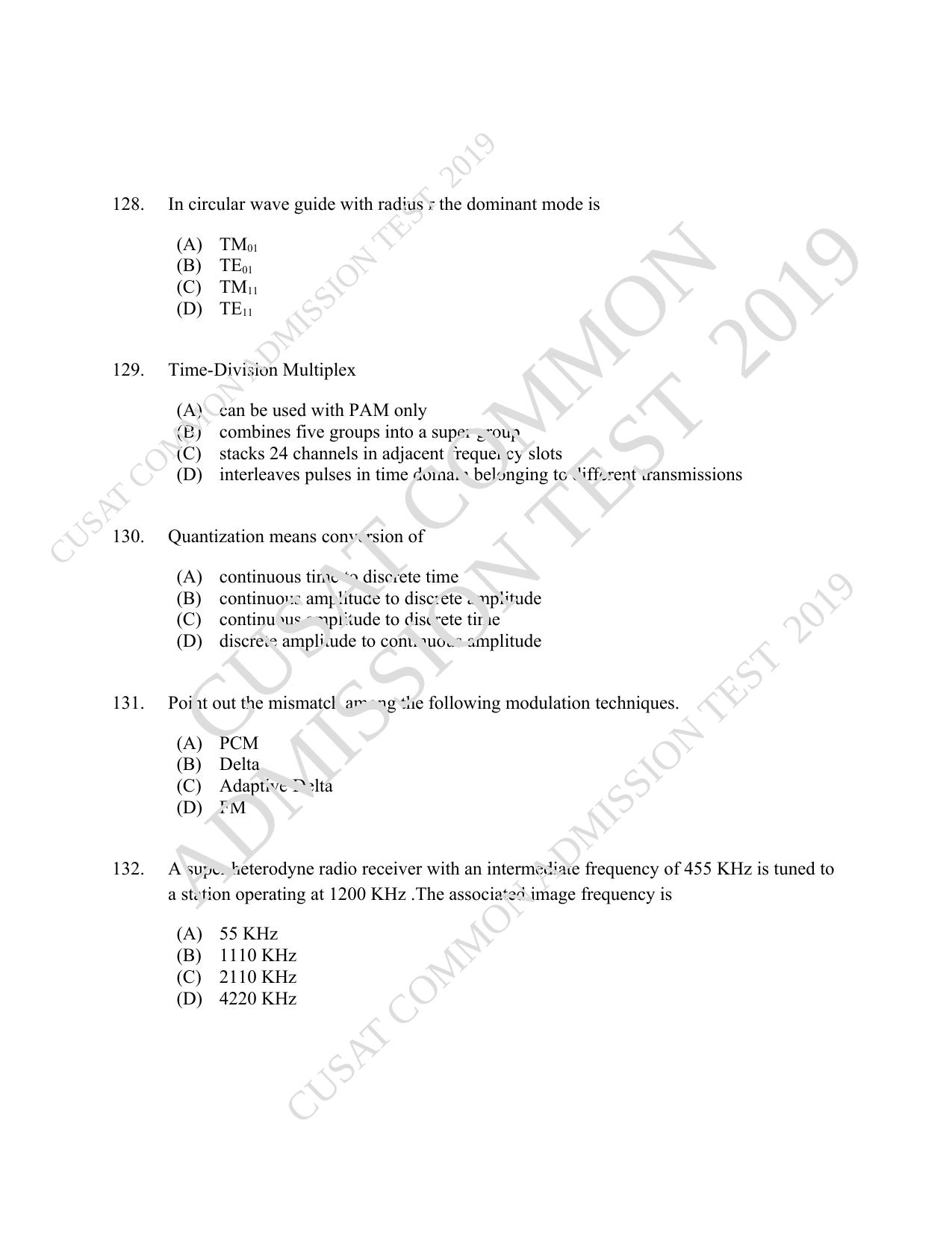 CUSAT CAT 2019 MSc Electronics Question Paper With Answer Key - Page 24