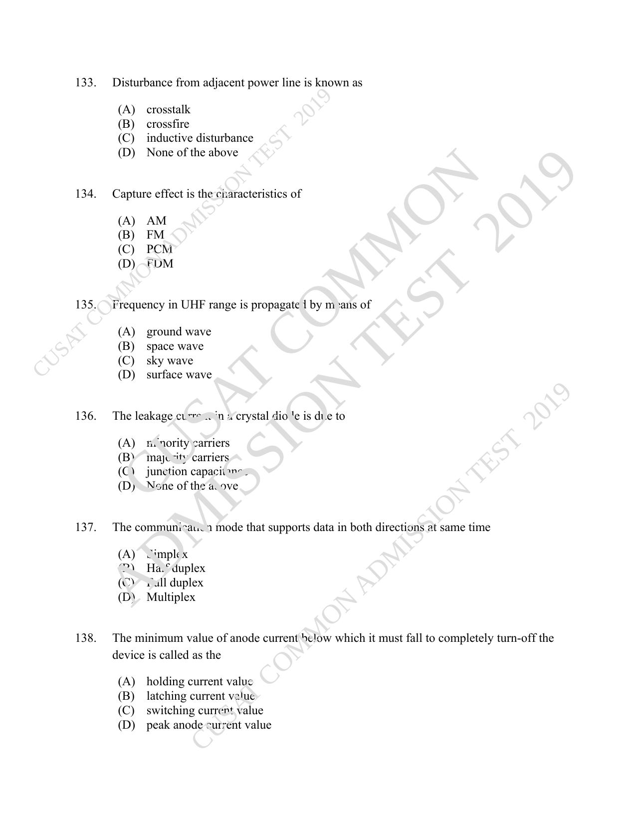 CUSAT CAT 2019 MSc Electronics Question Paper With Answer Key - Page 25