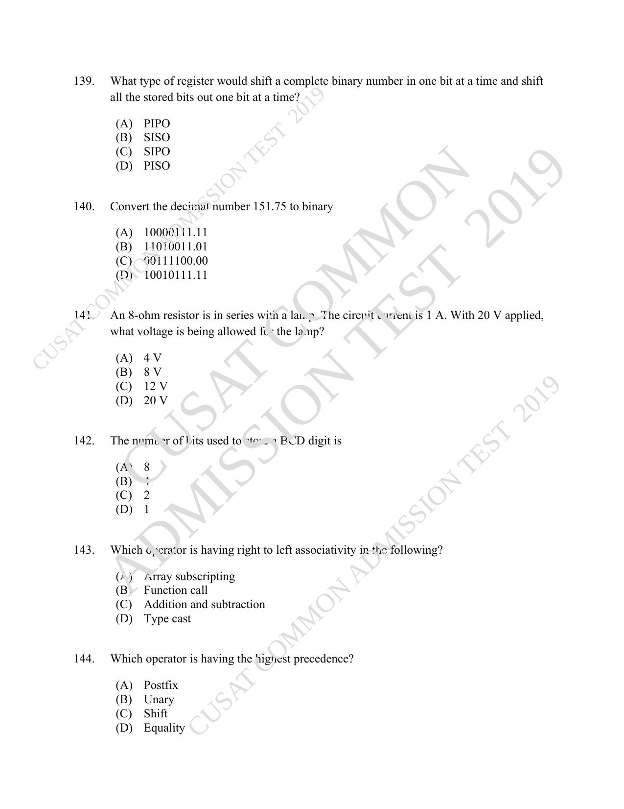 CUSAT CAT 2019 MSc Electronics Question Paper With Answer Key - Page 26