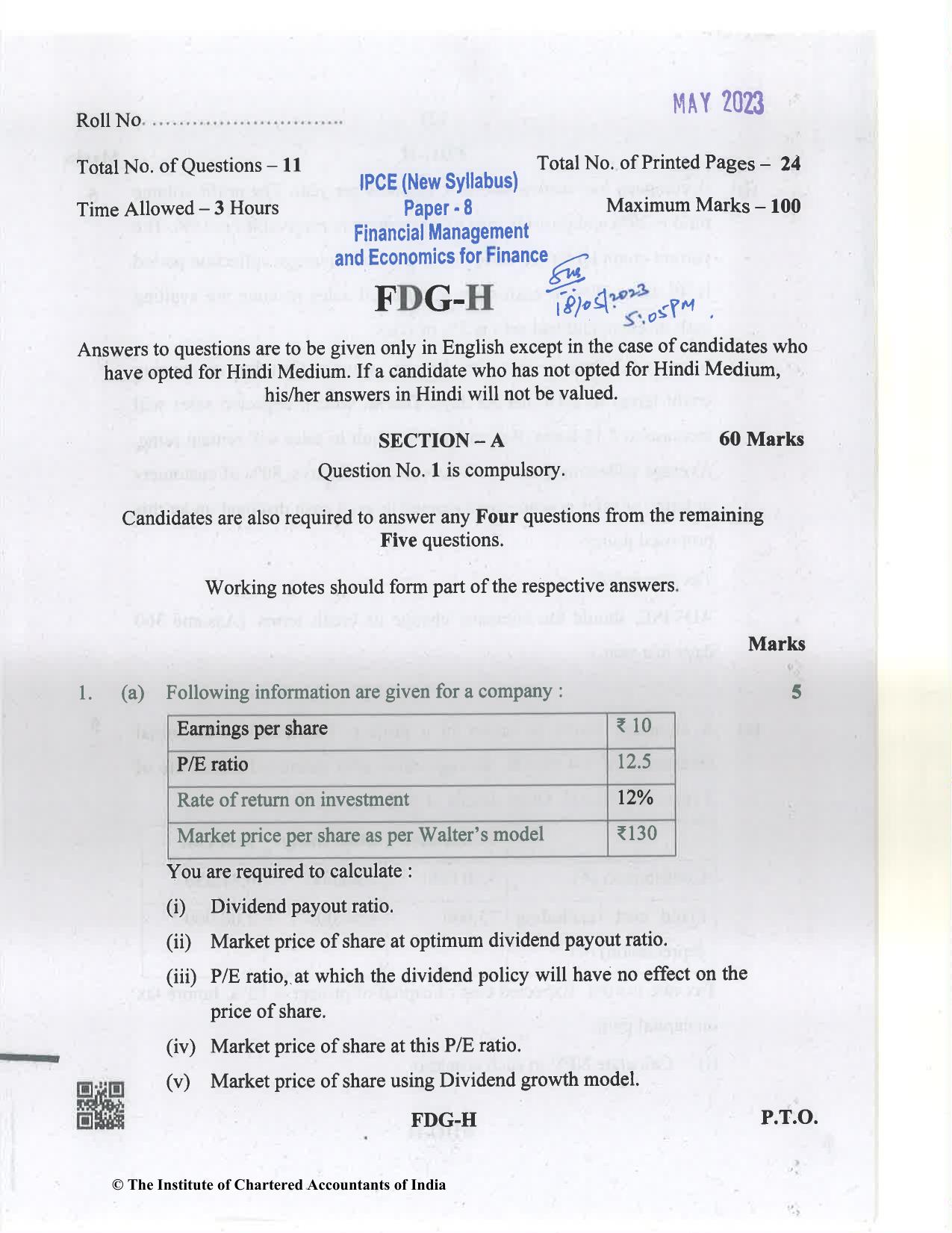 CA Inter May 2023 Question Paper - Paper 8 – Financial Management & Economics for Finance - Page 1