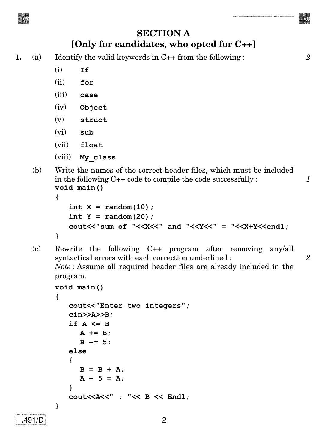 CBSE Class 12 CS (Old) 2020 Compartment Question Paper - Page 2