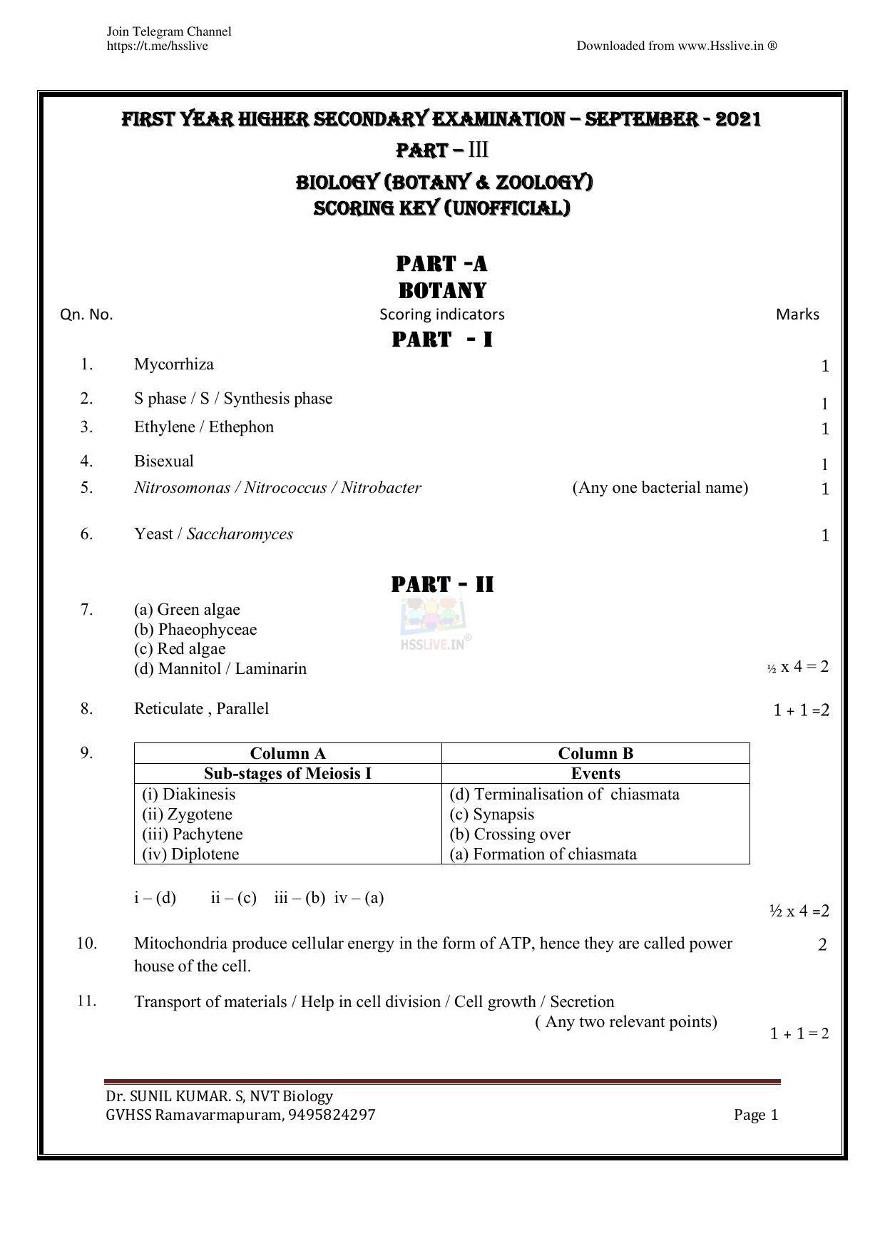 Kerala Plus One (Class 11th) Biology Answer Key 2021 - Page 1