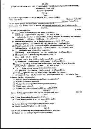 Bilaspur University Question Paper June 2022:Master Of Science In Information Technology (Second Semester) Computer Networking & Data Communication paper 1