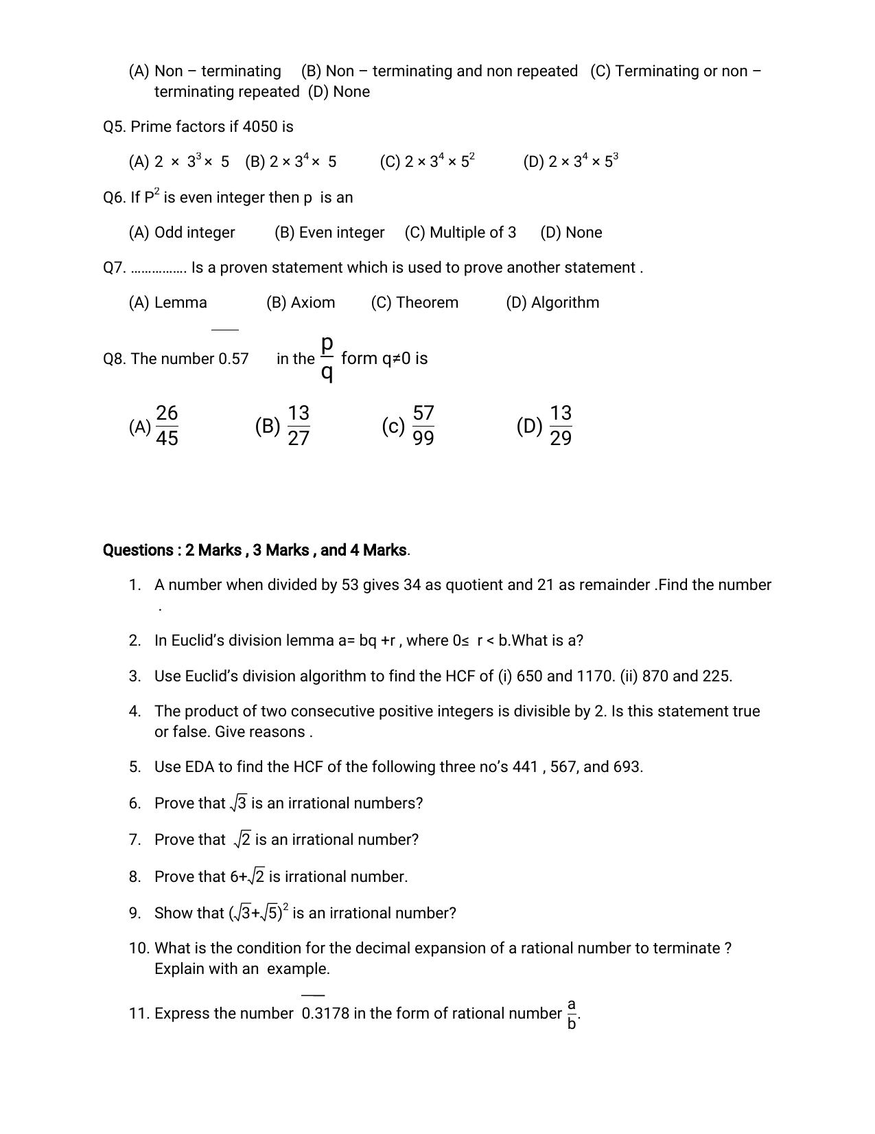JKBOSE Class 10 Maths: Chapter 1st REAL NUMBERS Question Bank - Page 7