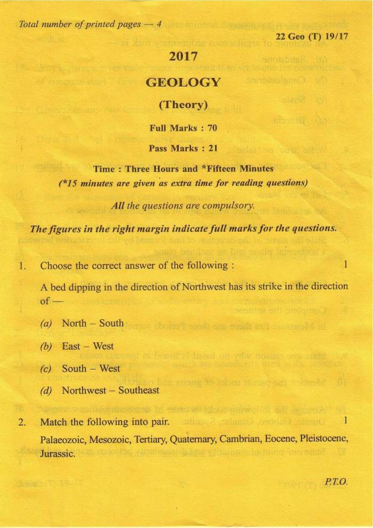 COHSEM Class 12 Geology 2017 Question Papers - Page 1