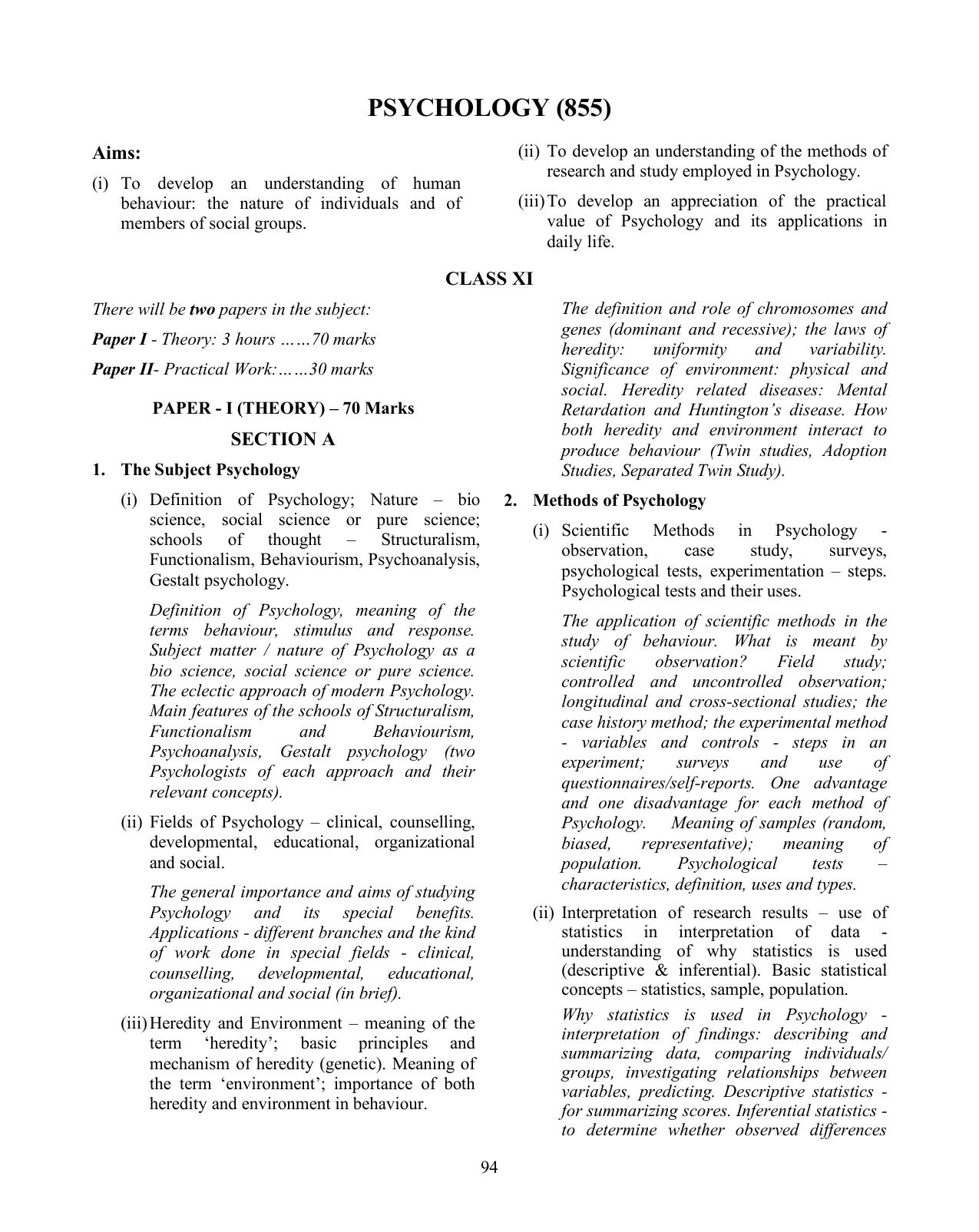 ISC Class XI & XII Psychology Syllabus - Page 1