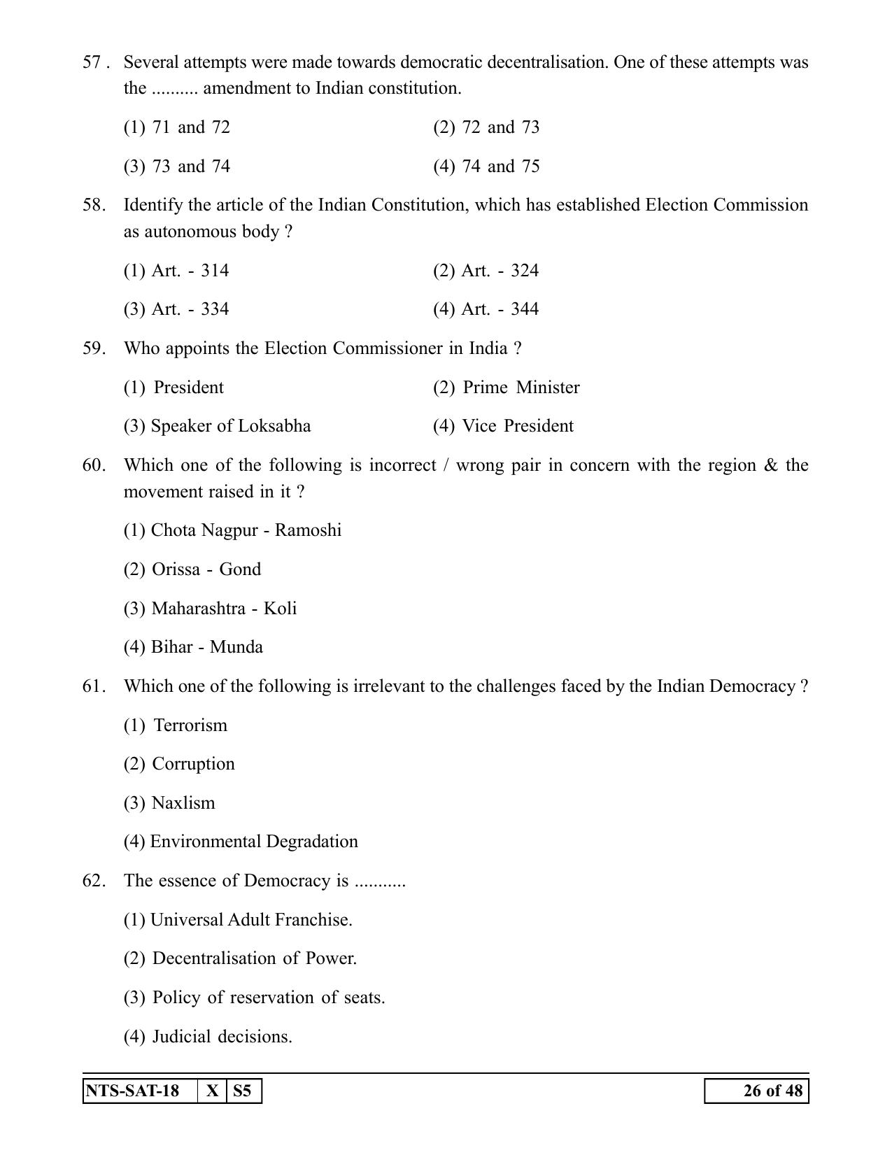 Maharashtra NTSE 2019 SAT (English) Question Paper - Page 26