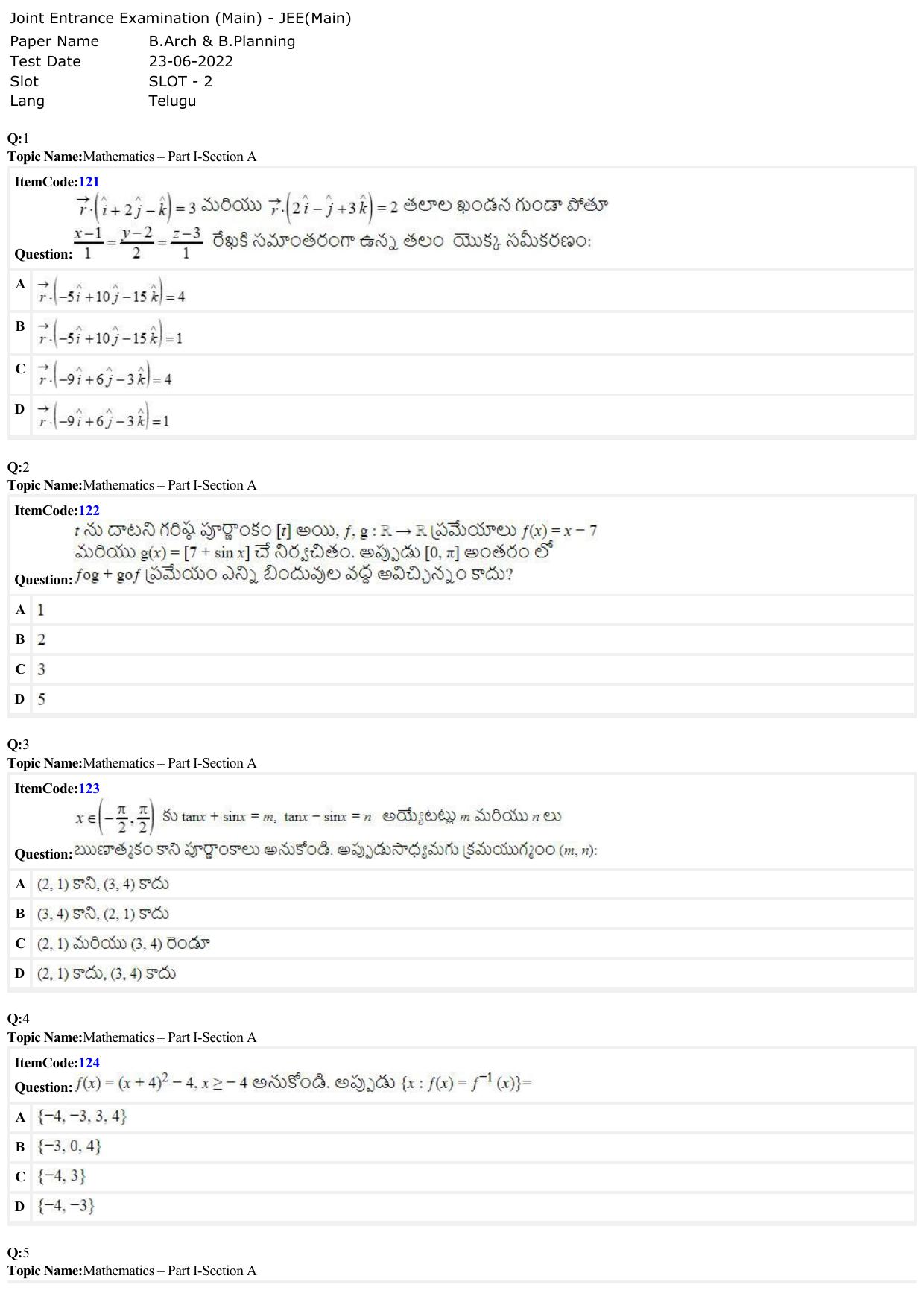 JEE Mains 2022: B Arch & B Planning Telugu (Shift A2) 23-06-2022 Question Paper - Page 1