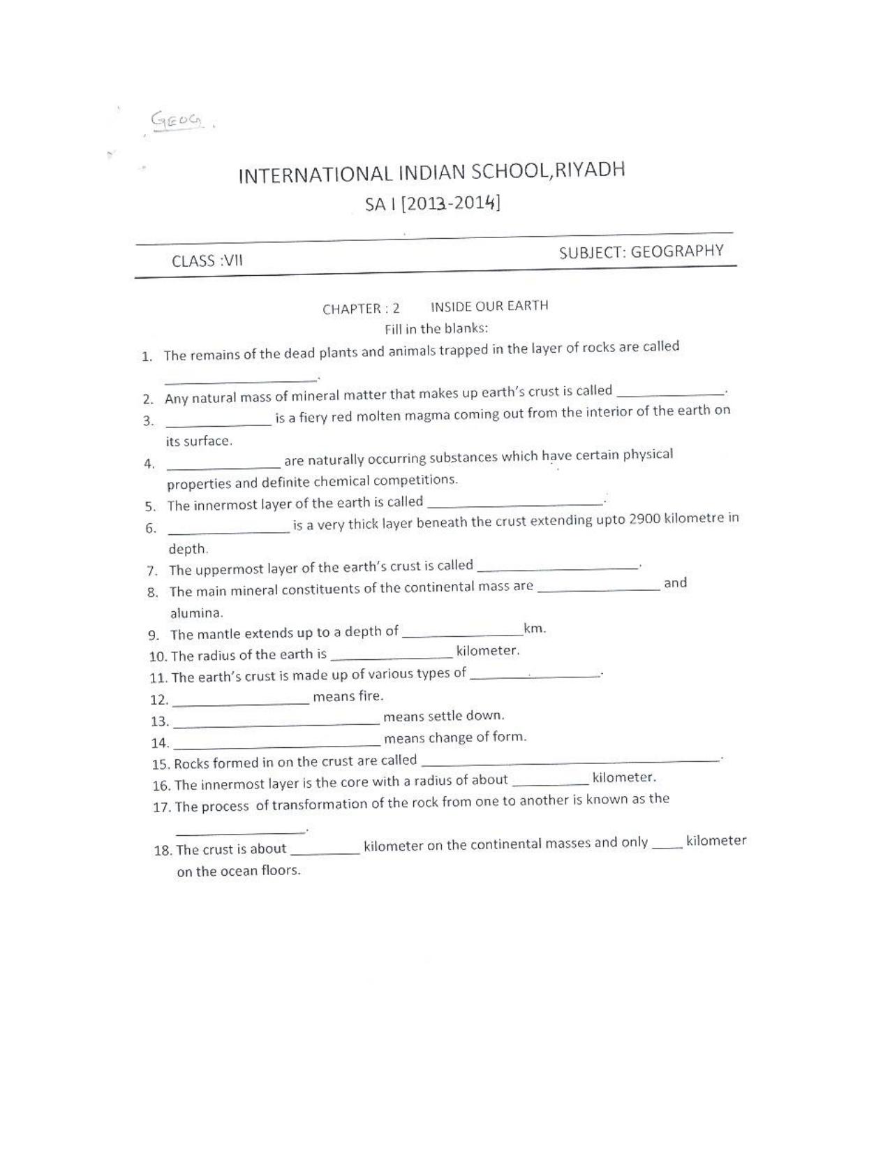 CBSE Worksheets for Class 7 Geography Inside Our Earth Assignment 1 - Page 1