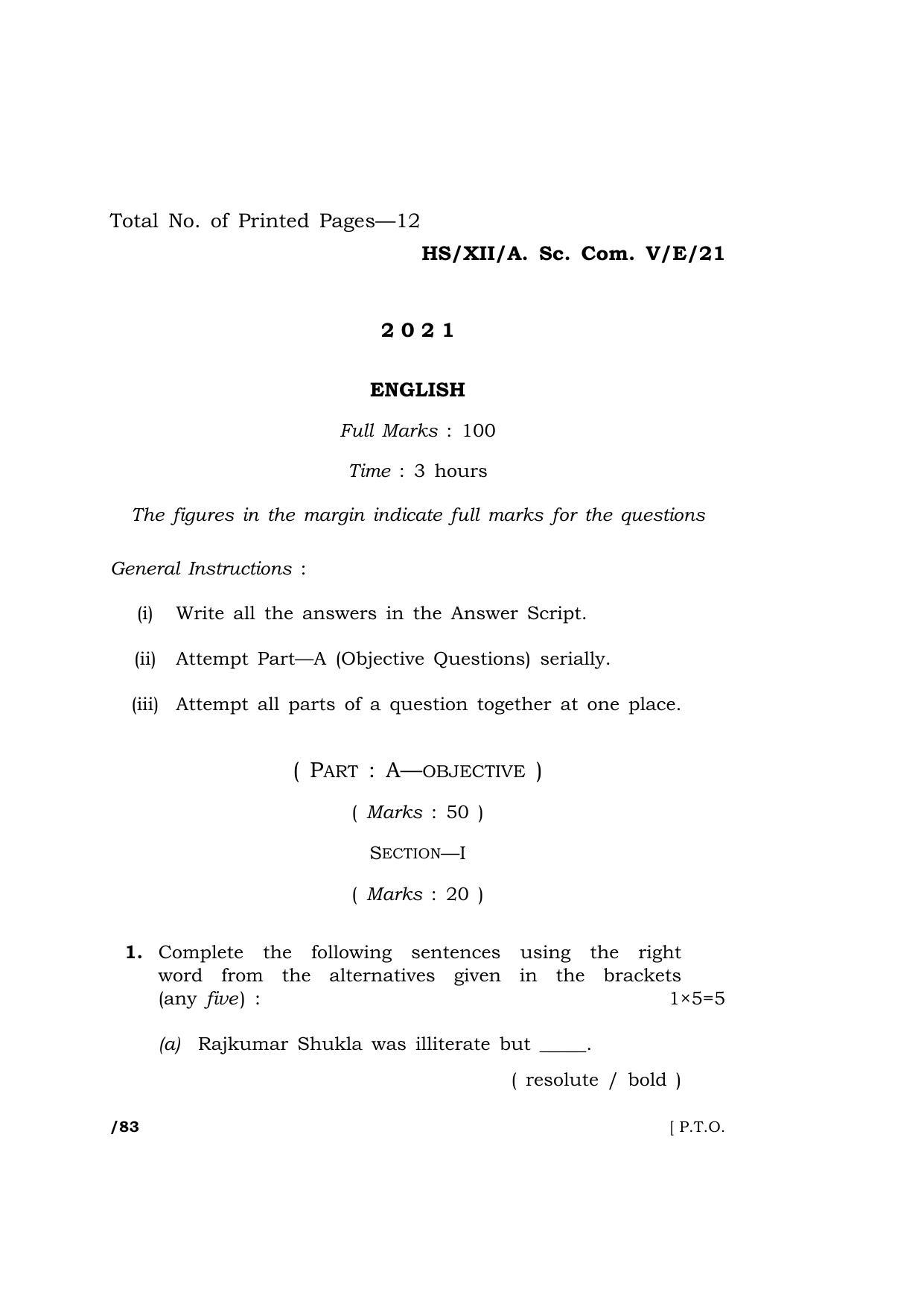 Meghalaya Board (MBOSE) Class 12 ELECTIVE ENGLISH  (HS-XII-A. Sc. Com. V-E-21) 2021 Question Paper - Page 1