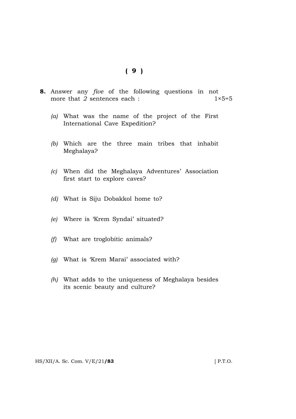 Meghalaya Board (MBOSE) Class 12 ELECTIVE ENGLISH  (HS-XII-A. Sc. Com. V-E-21) 2021 Question Paper - Page 9