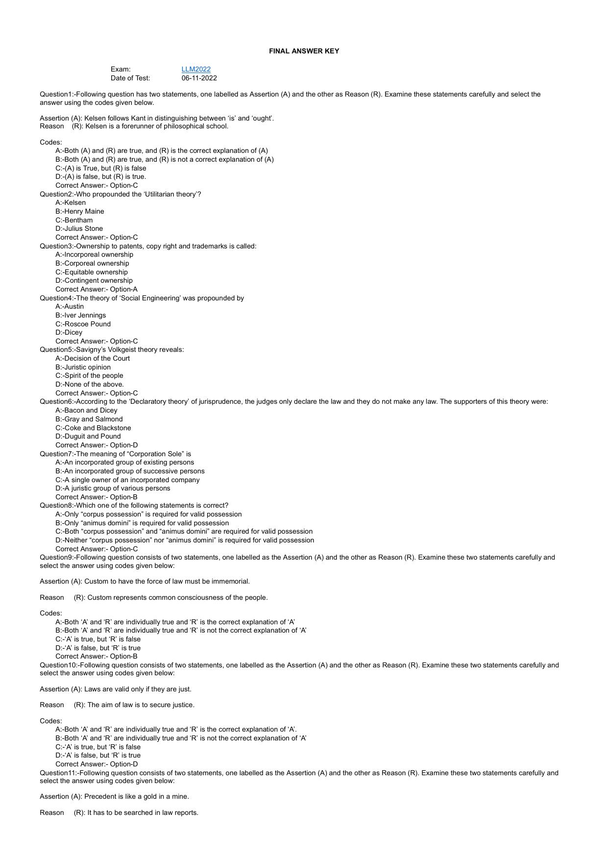 Kerala CEE LLM 2022 Question Paper With Answers - Page 1
