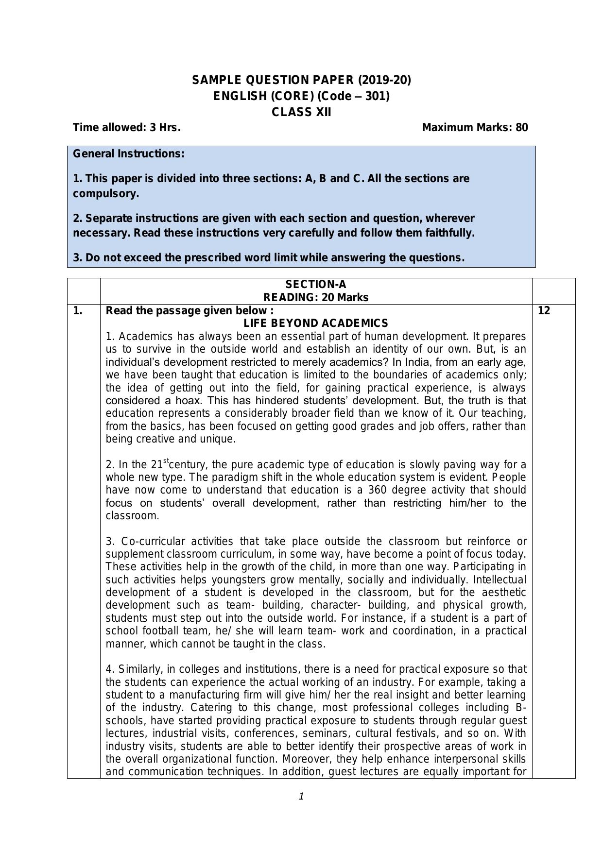 CBSE Class 12 English Core Skill Education-Sample Paper 2019-20 - Page 1