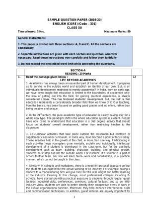 CBSE Class 12 English Core Skill Education-Sample Paper 2019-20