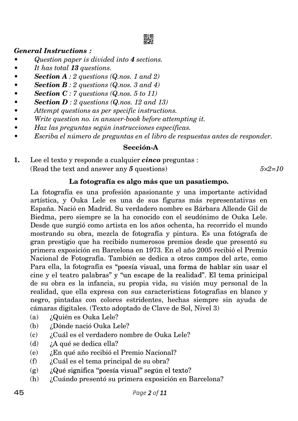 CBSE Class 10 45_Spanish 2023 Question Paper - Page 2