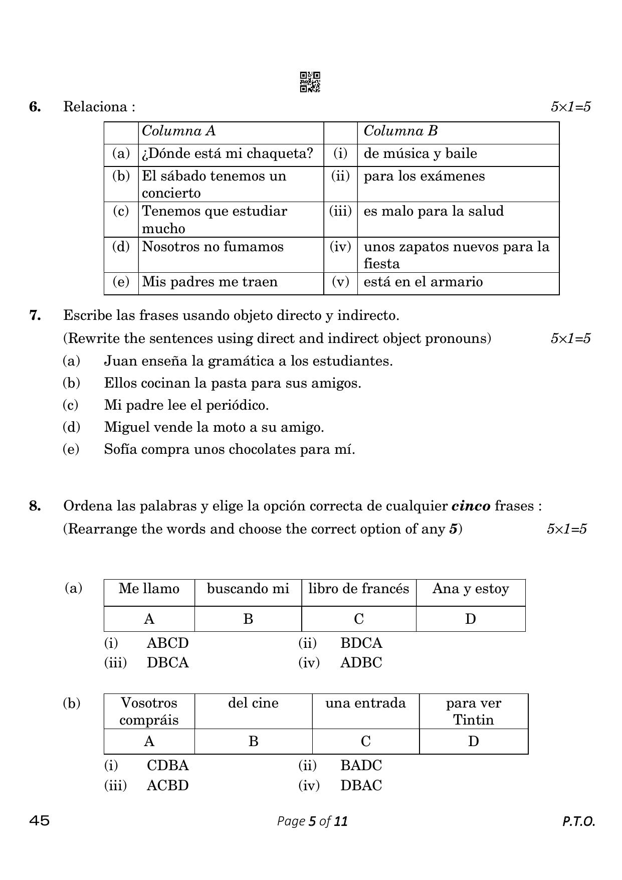 CBSE Class 10 45_Spanish 2023 Question Paper - Page 5