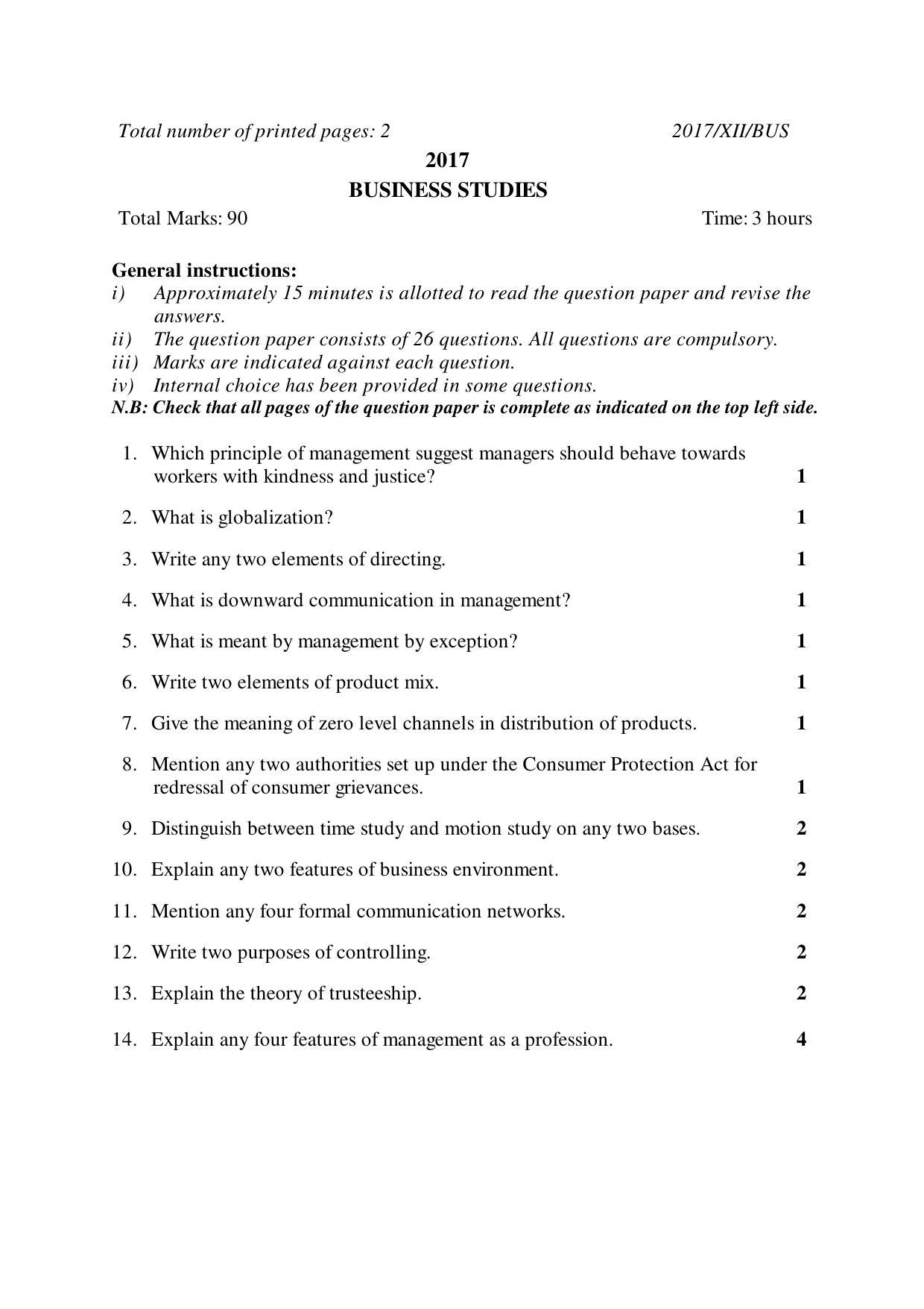 Nagaland Board Class 12 BUSINESS STUDIES 2017 Question Papers - Page 1
