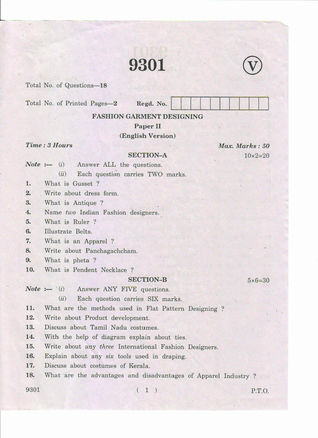 AP Inter 2nd Year Fashion Garment Designing-II March-2019-Vocational Question Paper - Page 1
