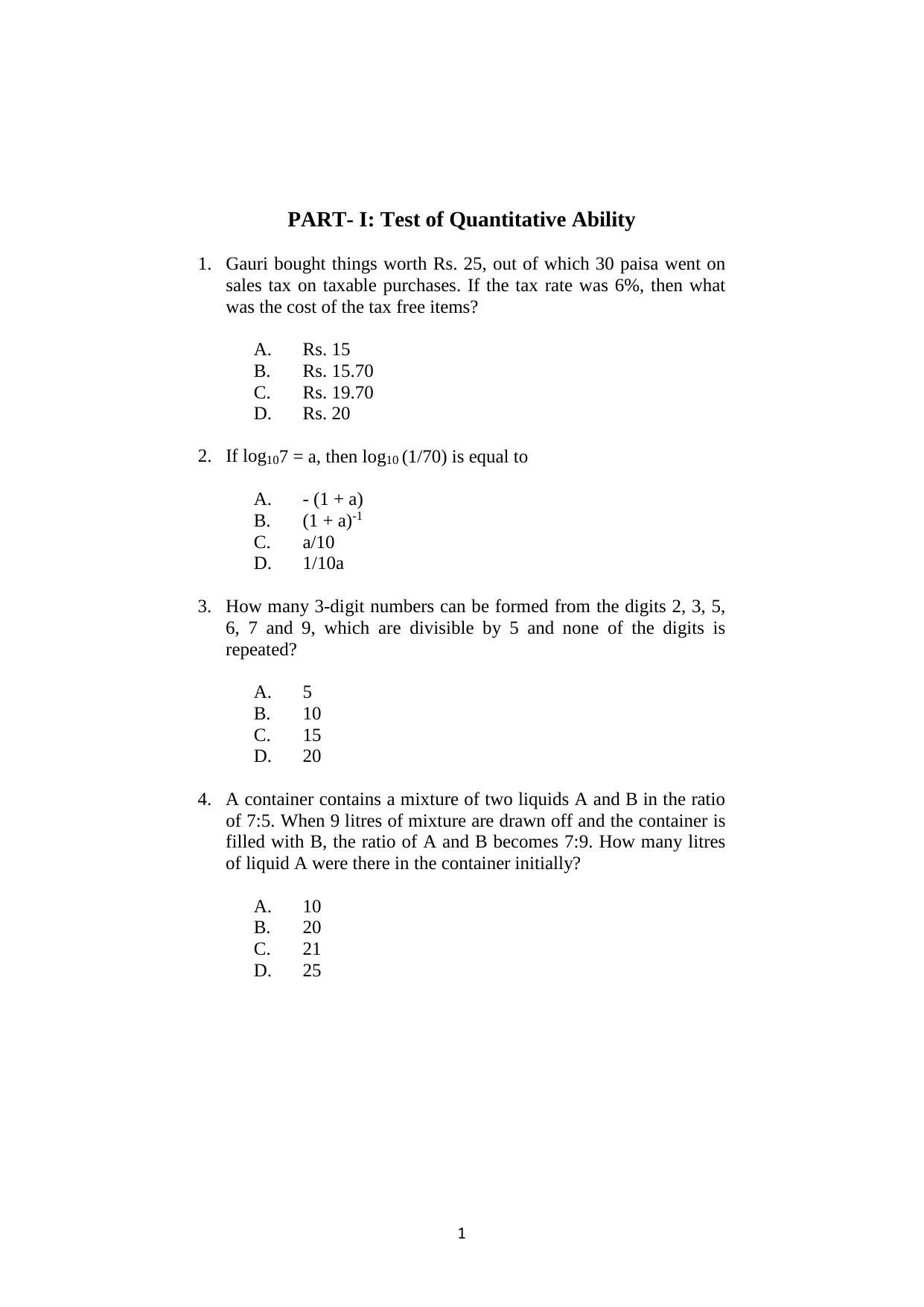 ISI Admission Test M.S (LIS) PLA 2018 Sample Paper - Page 1
