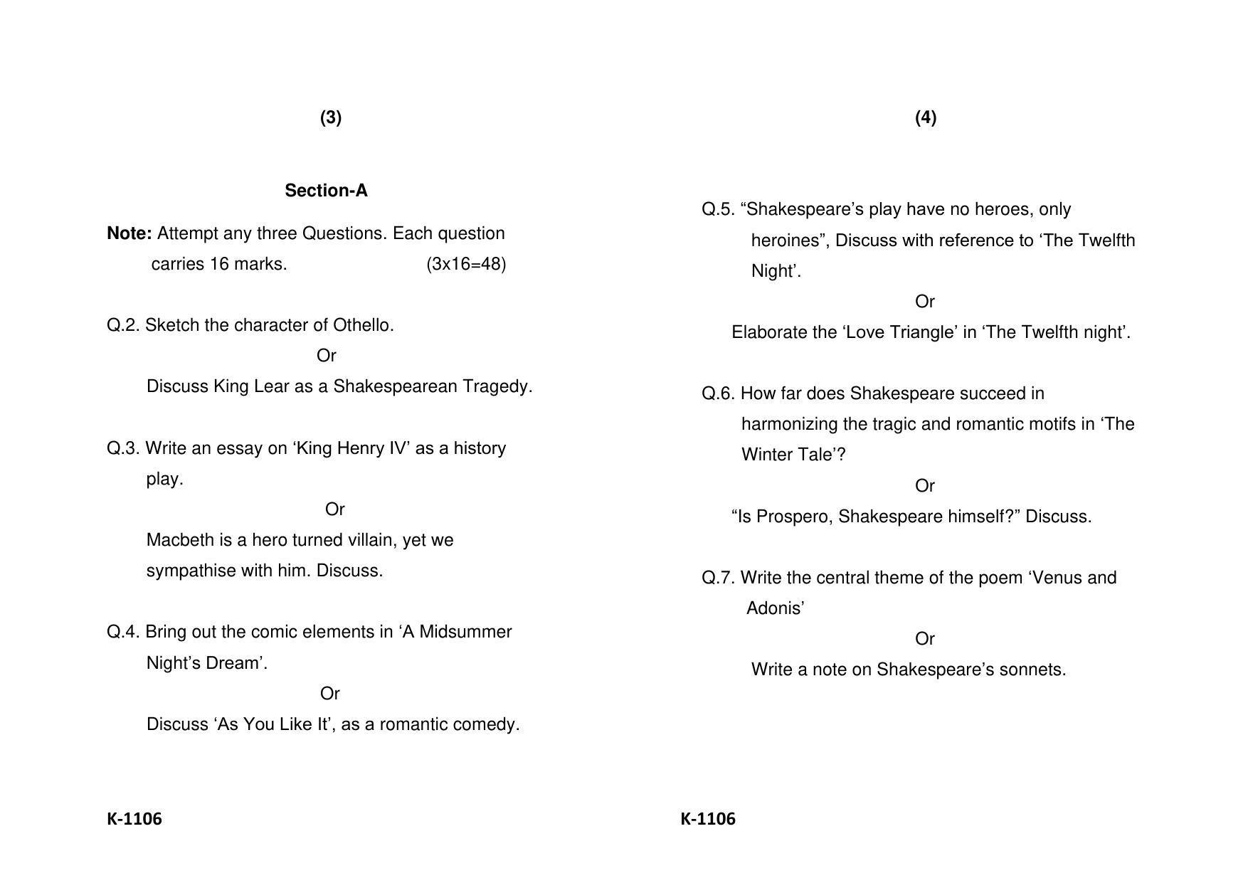 Sarguja University Question Paper - 2022 :   M.A. (Previous) English  Literature Shakespeare Paper I - Page 2