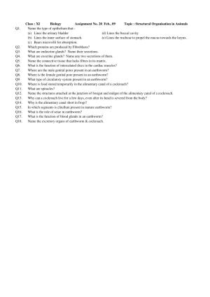CBSE Worksheets for Class 11 Biology Assignment 20