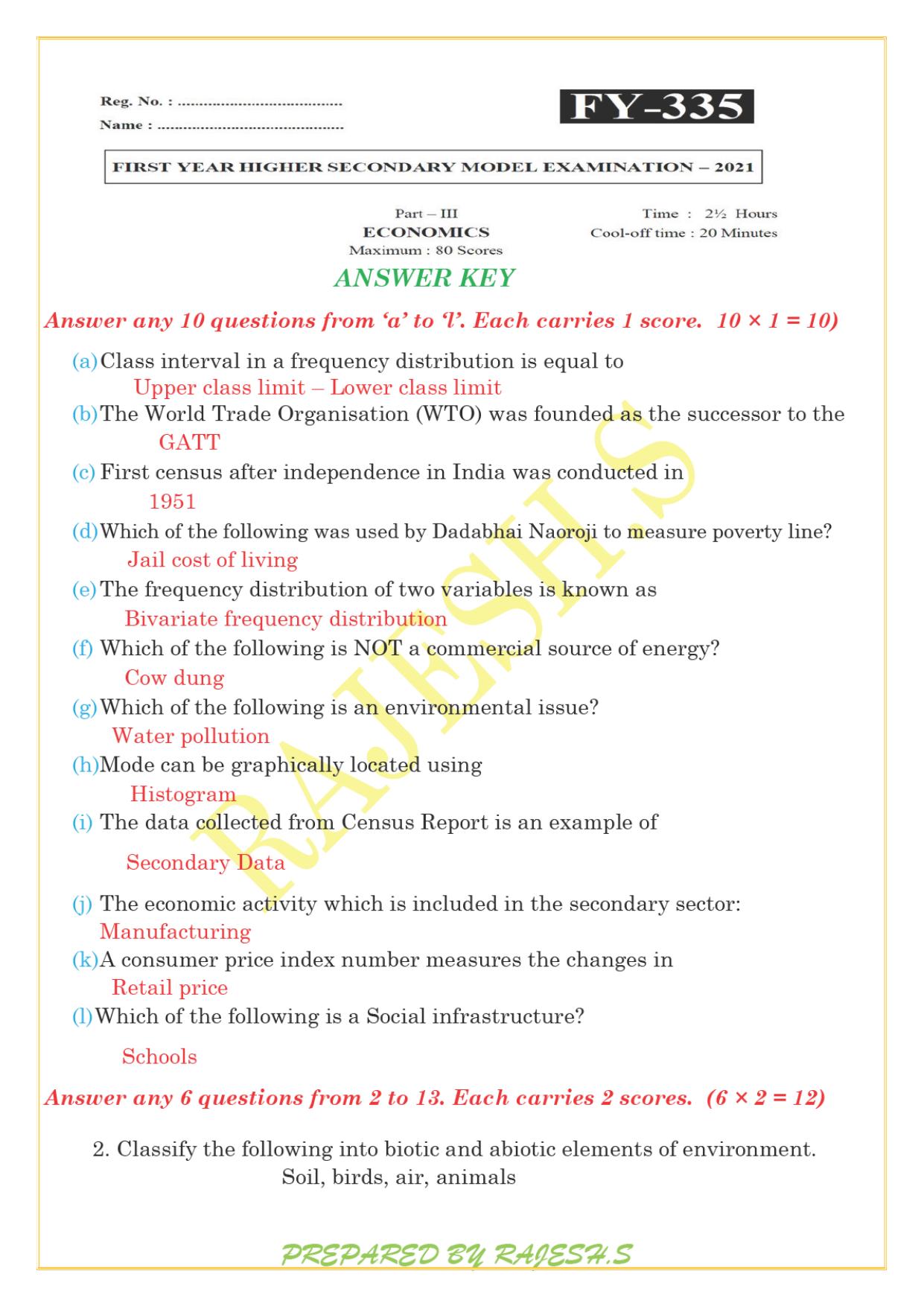 Kerala Plus One 2021 Economics Answer Key (Model) - Page 1