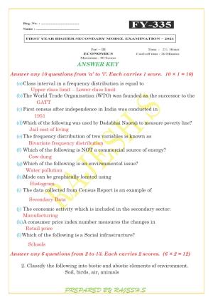 Kerala Plus One 2021 Economics Answer Key (Model)