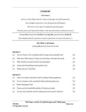ISC Class 12 2019 Cookery Question Paper