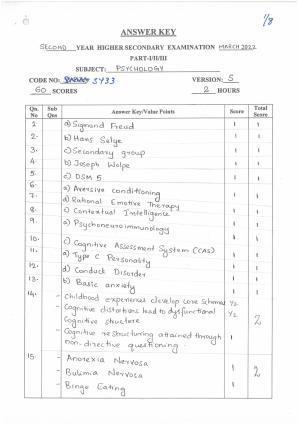 Kerala Plus Two (Class 12th)  Answer Key 2022 - Psychology