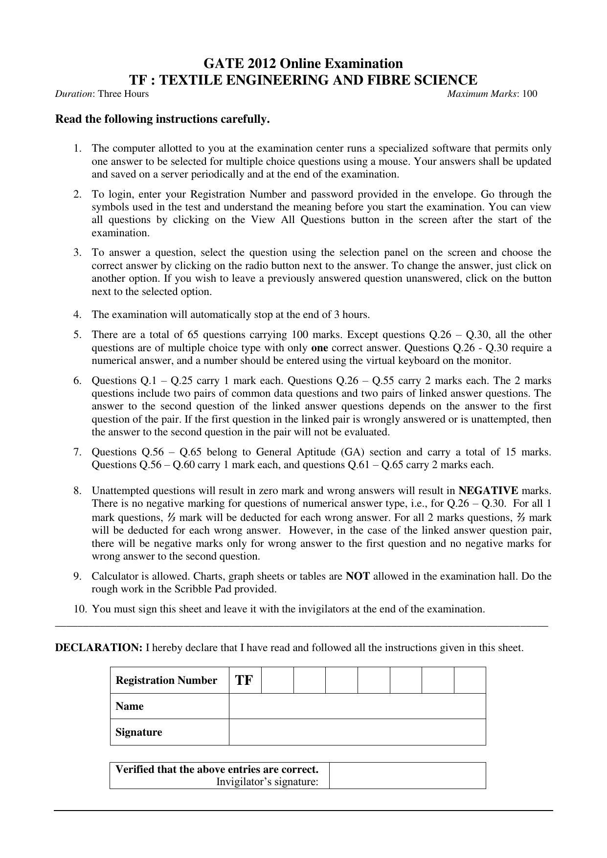 GATE 2012 Textile Engineering and Fibre Science (TF) Question Paper with Answer Key - Page 1