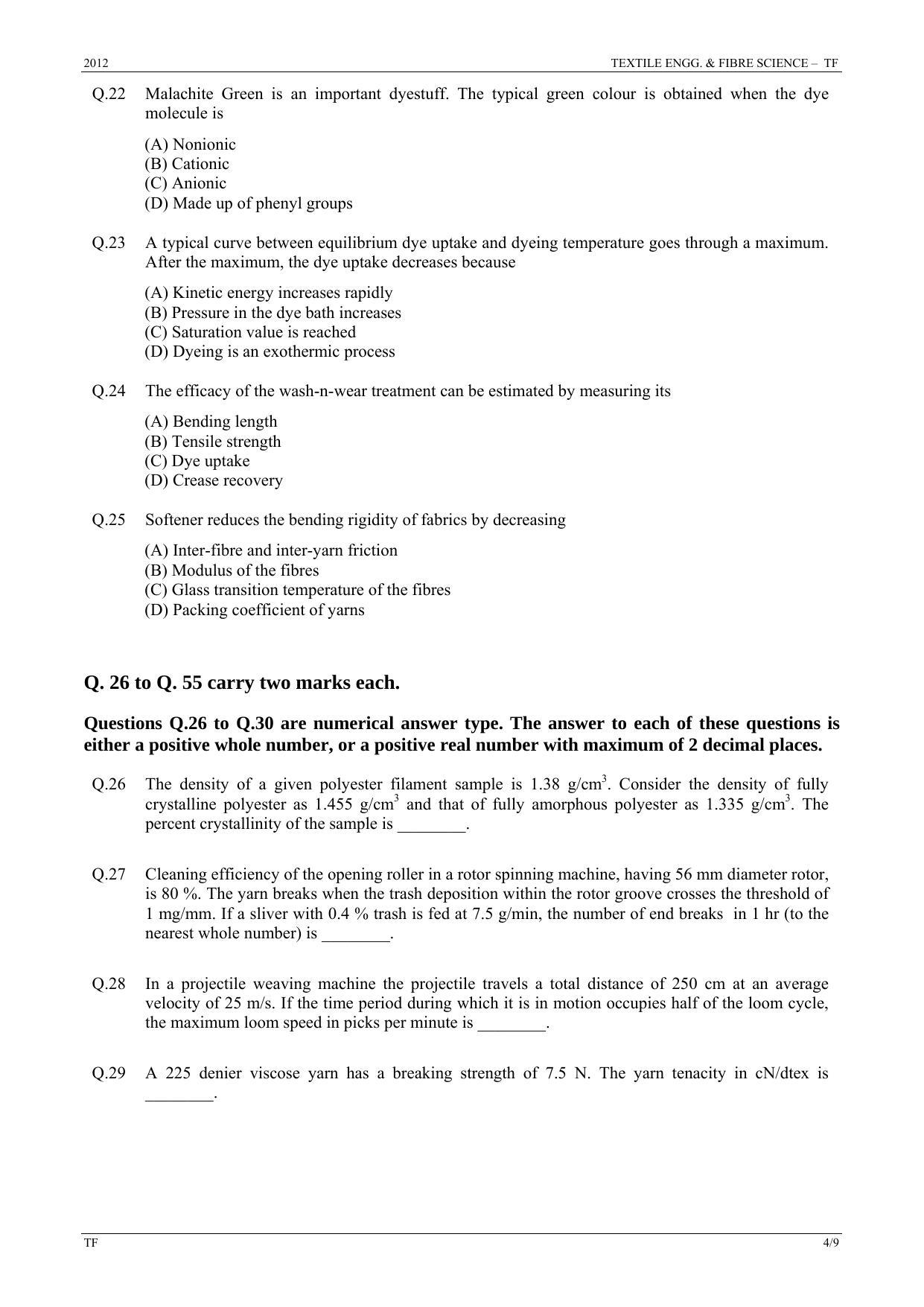 GATE 2012 Textile Engineering and Fibre Science (TF) Question Paper with Answer Key - Page 4