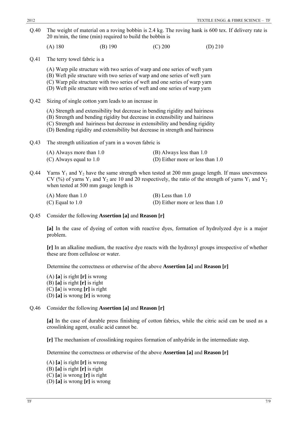 GATE 2012 Textile Engineering and Fibre Science (TF) Question Paper with Answer Key - Page 7