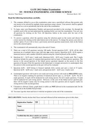 GATE 2012 Textile Engineering and Fibre Science (TF) Question Paper with Answer Key