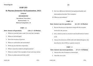 Sarguja University Question Paper - 2022 : Bachelor Of Pharmacy Sem-II Bio-Chemistry Paper 1