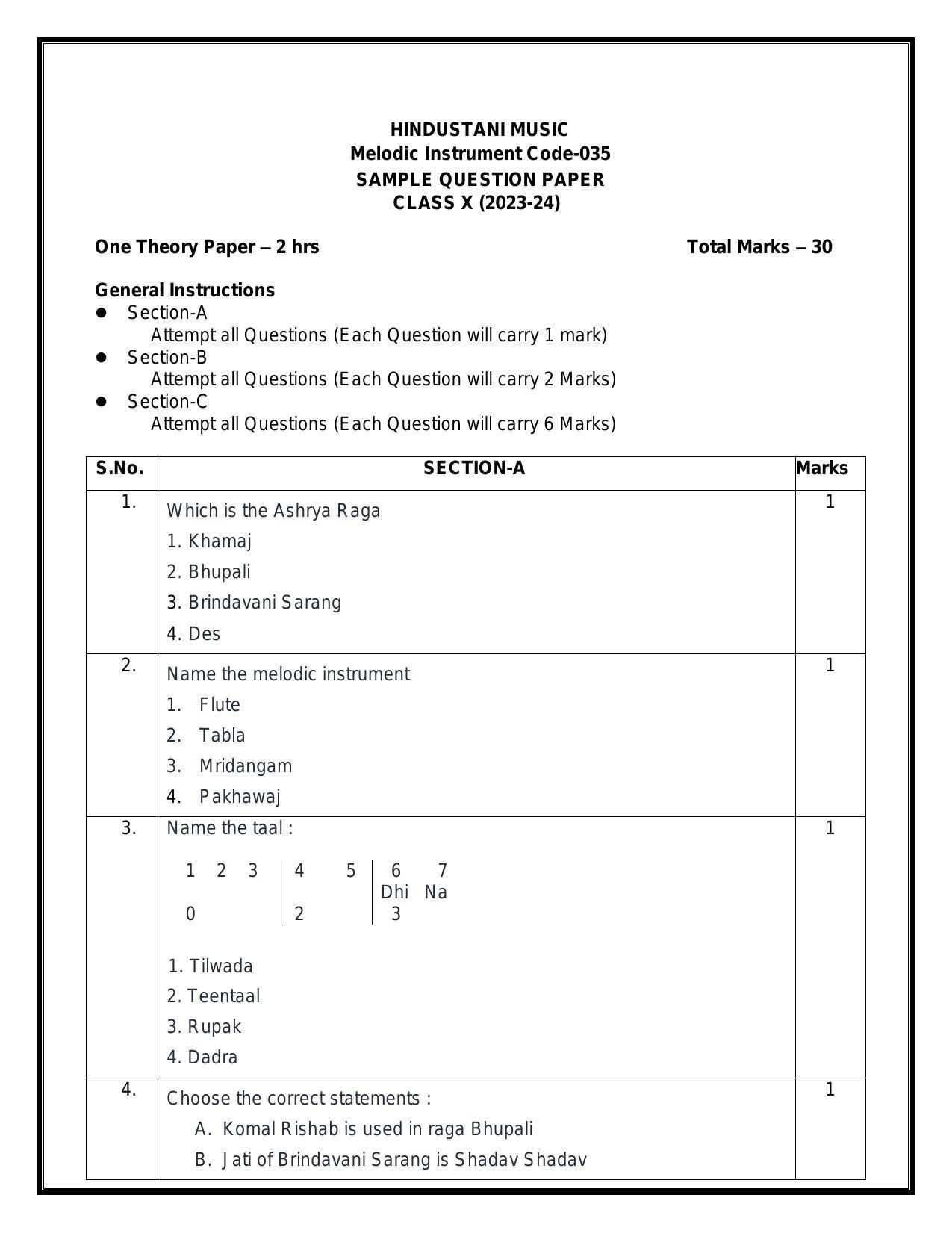 CBSE Class 10 Hindustani Music (Melodic) Sample Paper 2024 - Page 1
