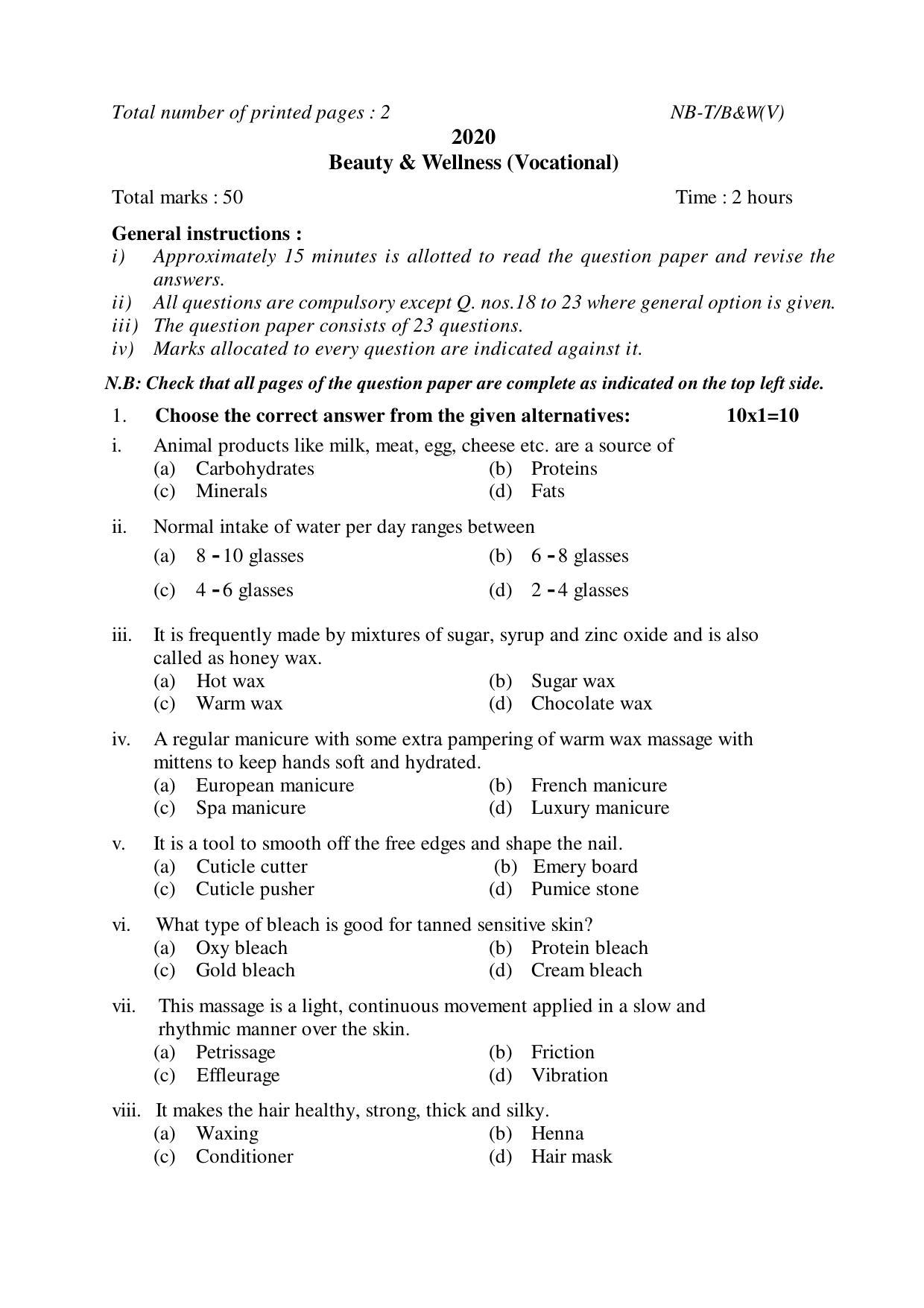 Nagaland Board Class 10 Beauty & Wellness (Vocational) 2020 Question Paper - Page 1