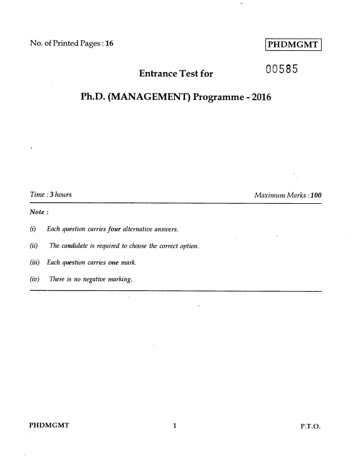IGNOU PhD Entrance Test Ph.D Management 2016 Question Paper - Page 1