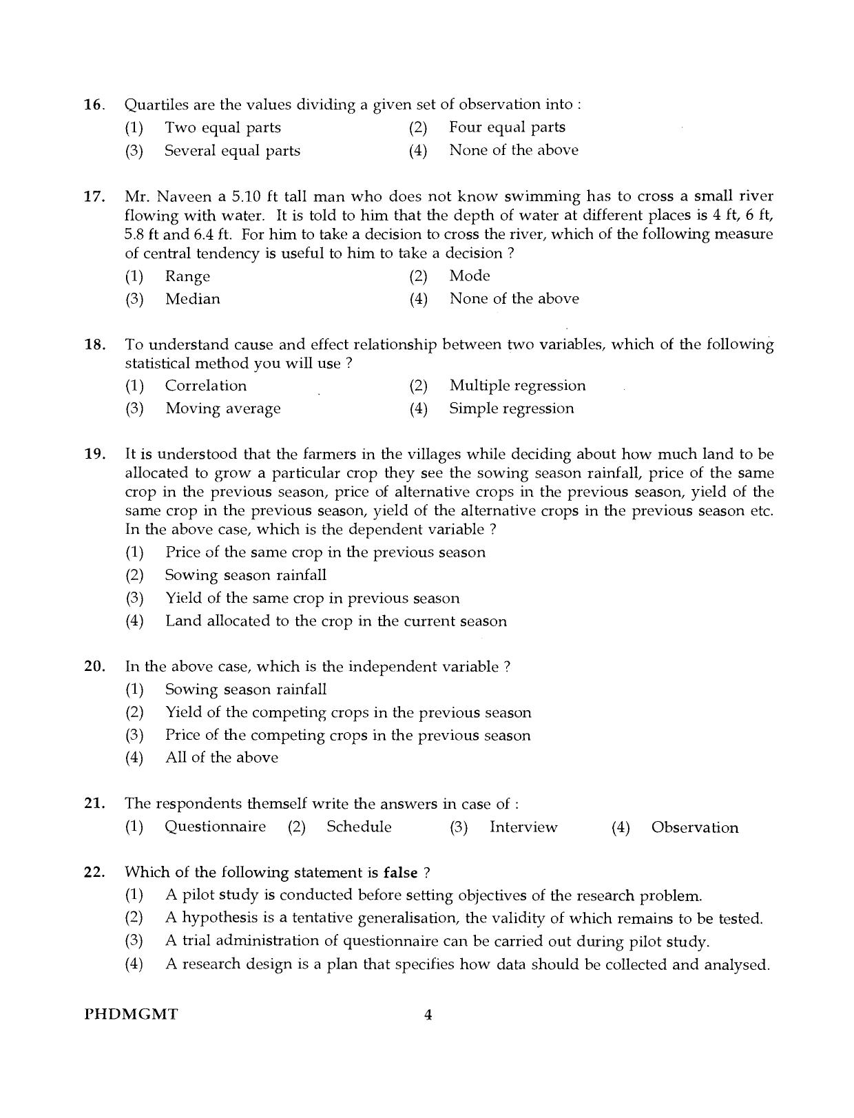 IGNOU PhD Entrance Test Ph.D Management 2016 Question Paper - Page 4