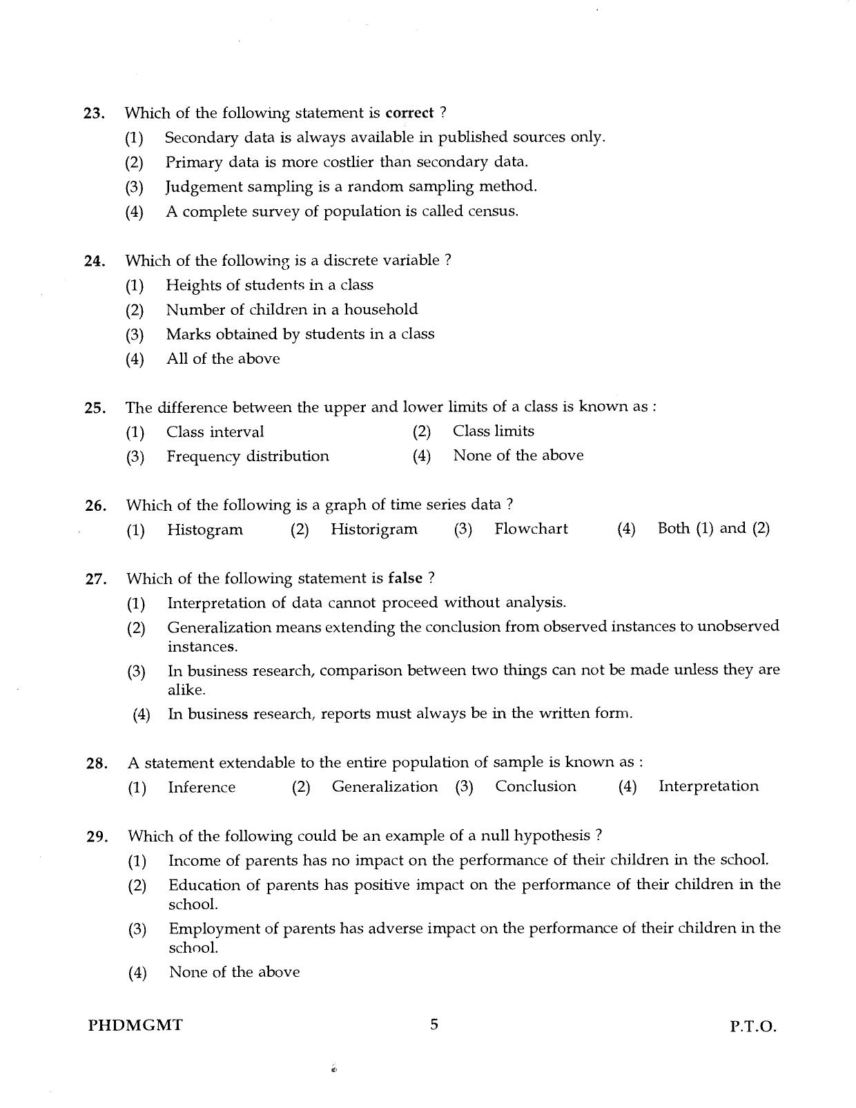 IGNOU PhD Entrance Test Ph.D Management 2016 Question Paper - Page 5