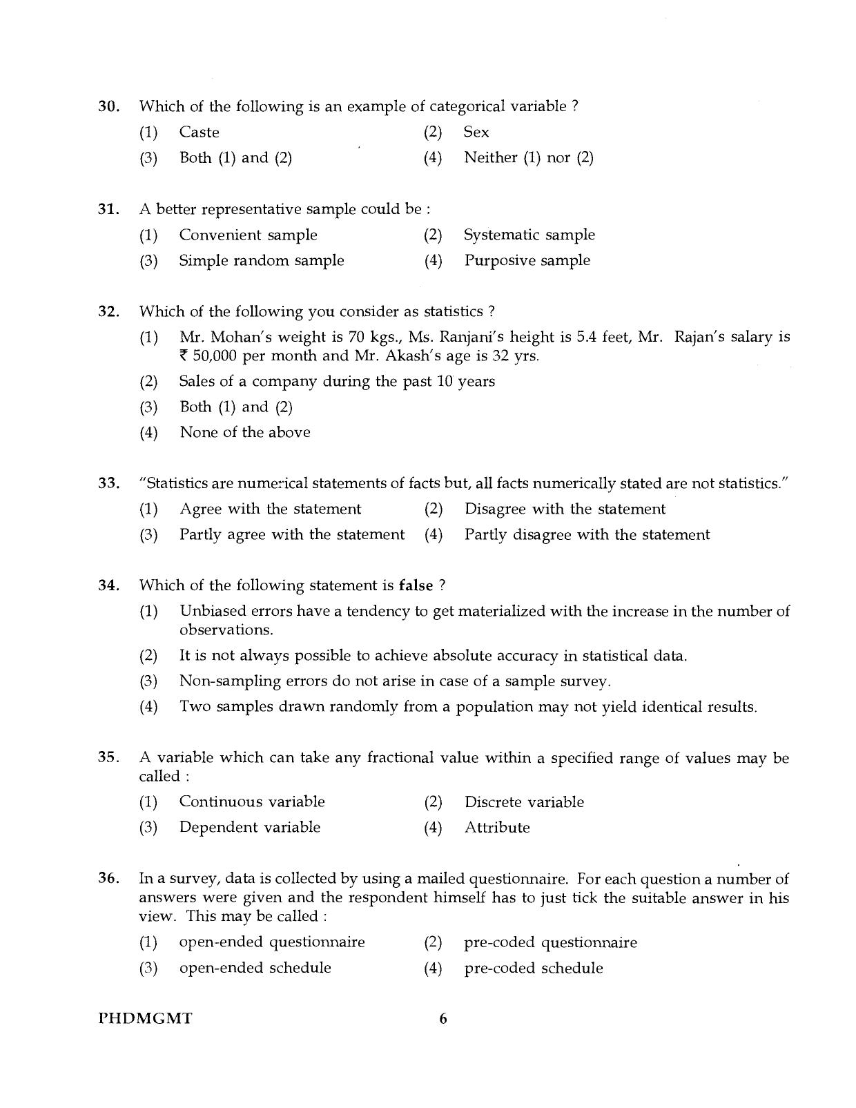 IGNOU PhD Entrance Test Ph.D Management 2016 Question Paper - Page 6